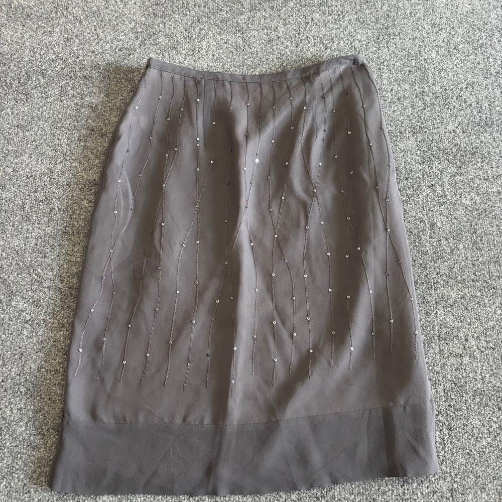 Norton McNaughton Women 8 Gray 100% Silk Sequin Beaded Midi Skirt Lined